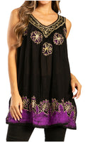 Sakkas Batik Embroidered V-Neck Sleeveless Blouse#color_Black/Purple