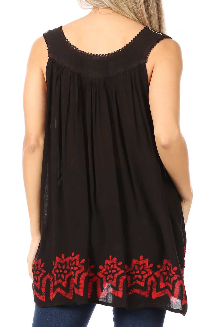 Sakkas Batik Embroidered V-Neck Sleeveless Blouse