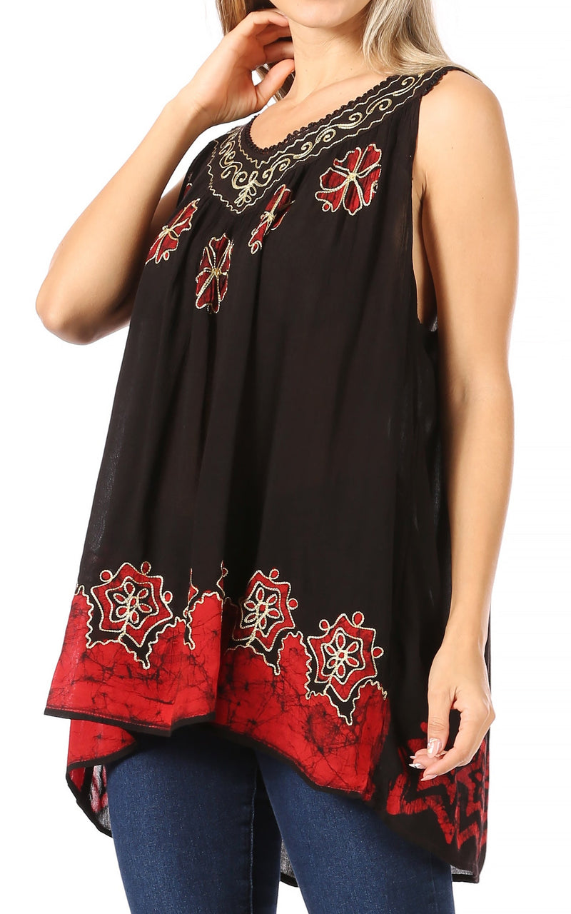 Sakkas Batik Embroidered V-Neck Sleeveless Blouse