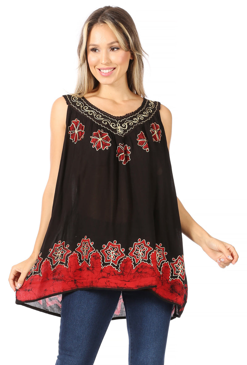 Sakkas Batik Embroidered V-Neck Sleeveless Blouse