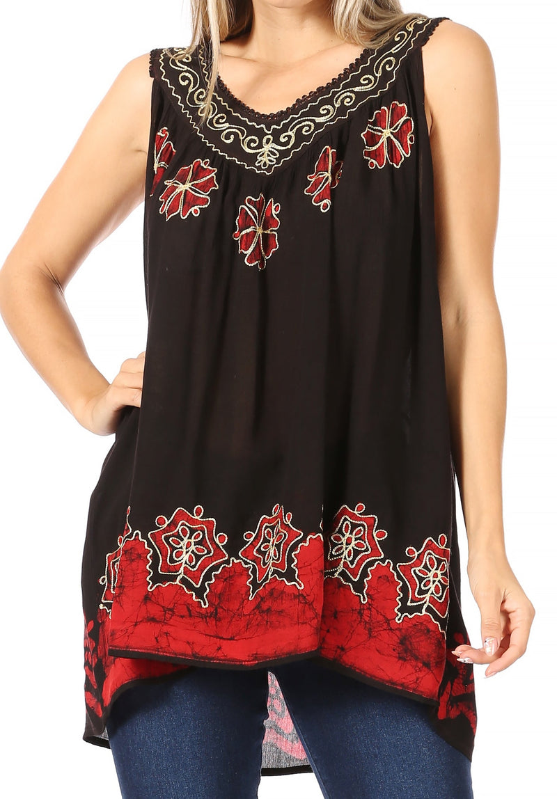 Sakkas Batik Embroidered V-Neck Sleeveless Blouse