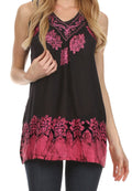 Sakkas Batik Embroidered V-Neck Sleeveless Blouse#color_Black/HotPink