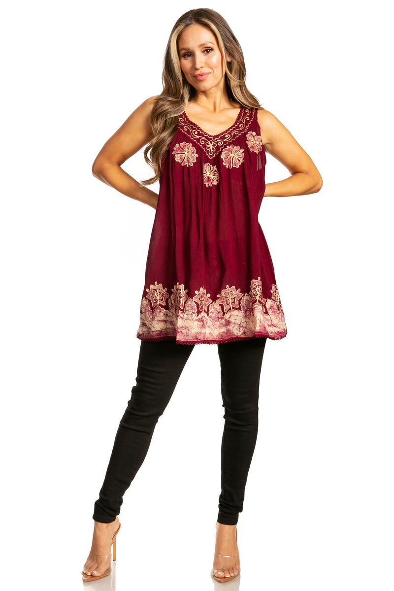 Sakkas Batik Embroidered V-Neck Sleeveless Blouse