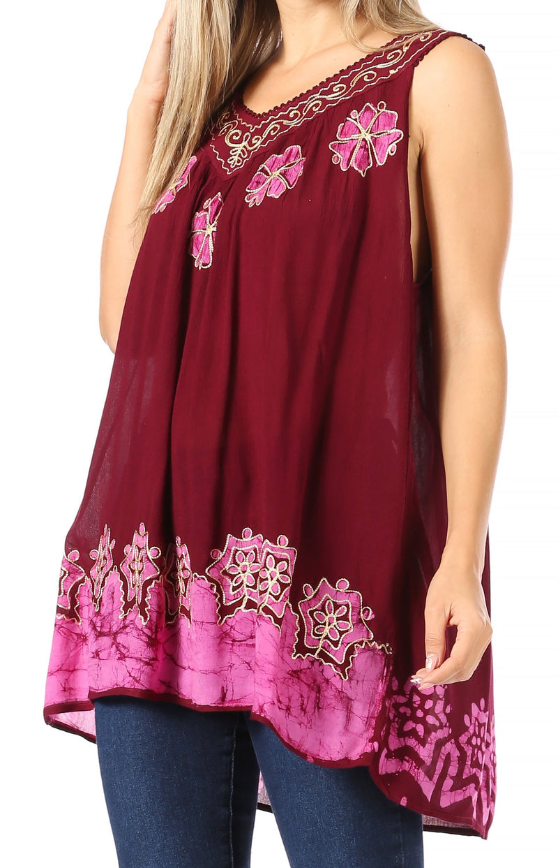 Sakkas Batik Embroidered V-Neck Sleeveless Blouse