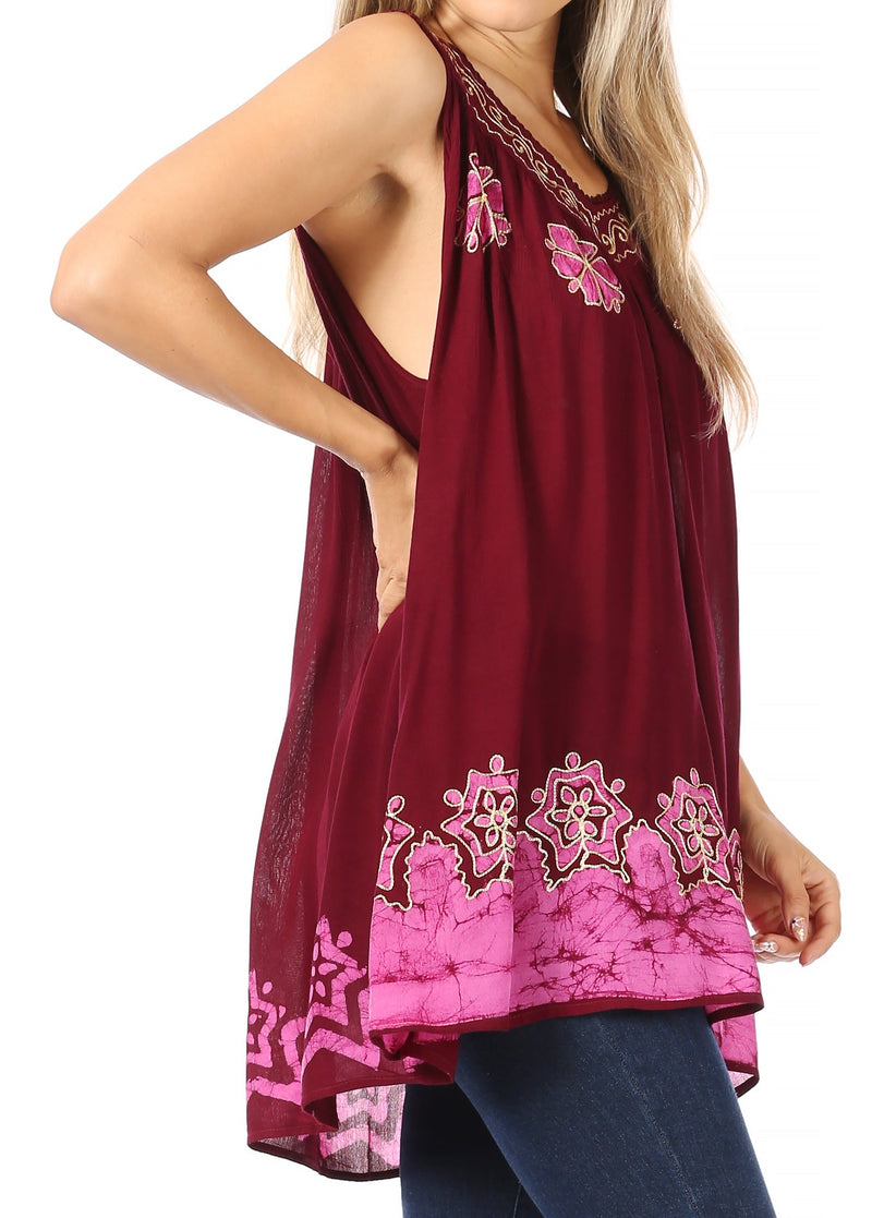 Sakkas Batik Embroidered V-Neck Sleeveless Blouse