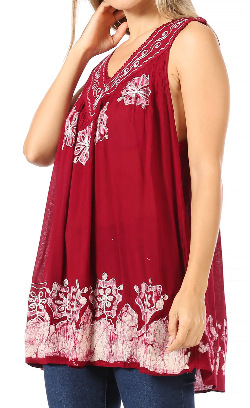 Sakkas Batik Embroidered V-Neck Sleeveless Blouse