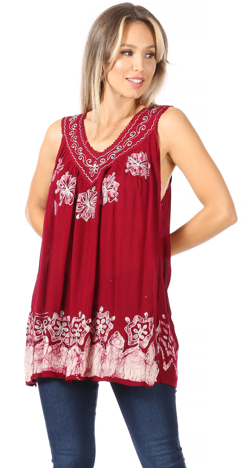 Sakkas Batik Embroidered V-Neck Sleeveless Blouse