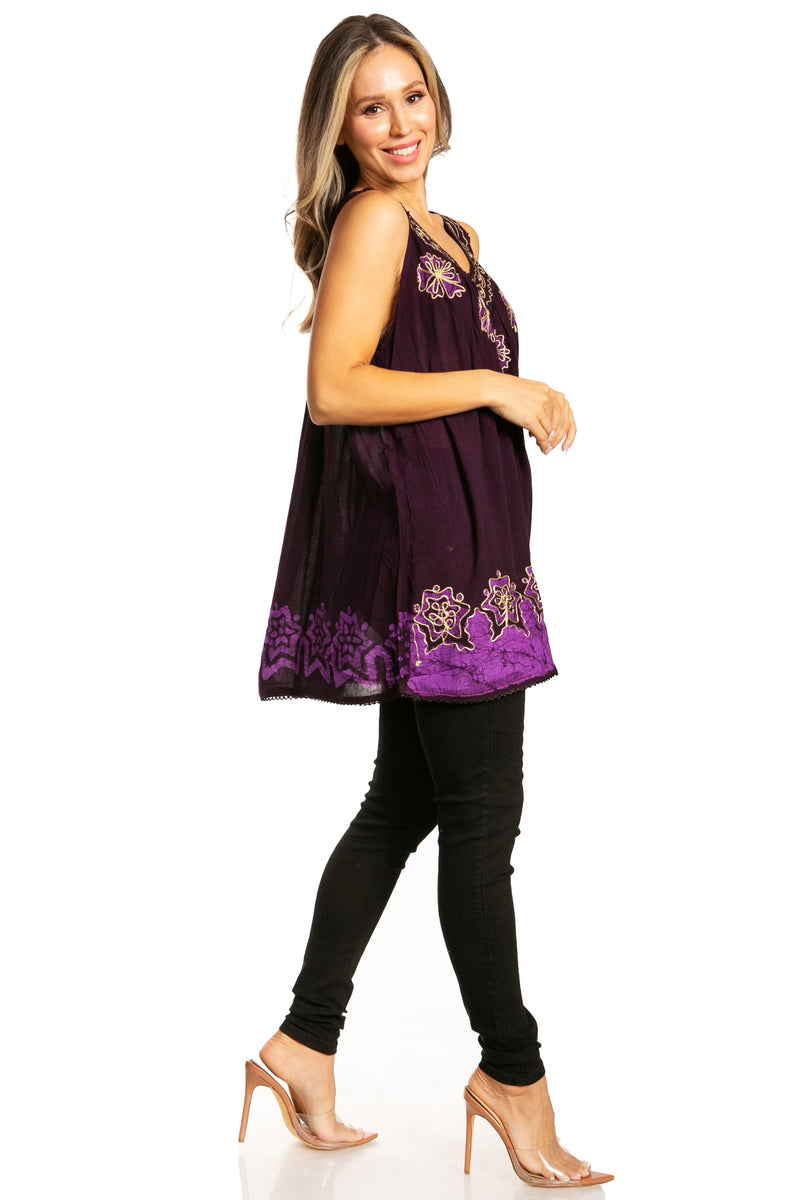 Sakkas Batik Embroidered V-Neck Sleeveless Blouse