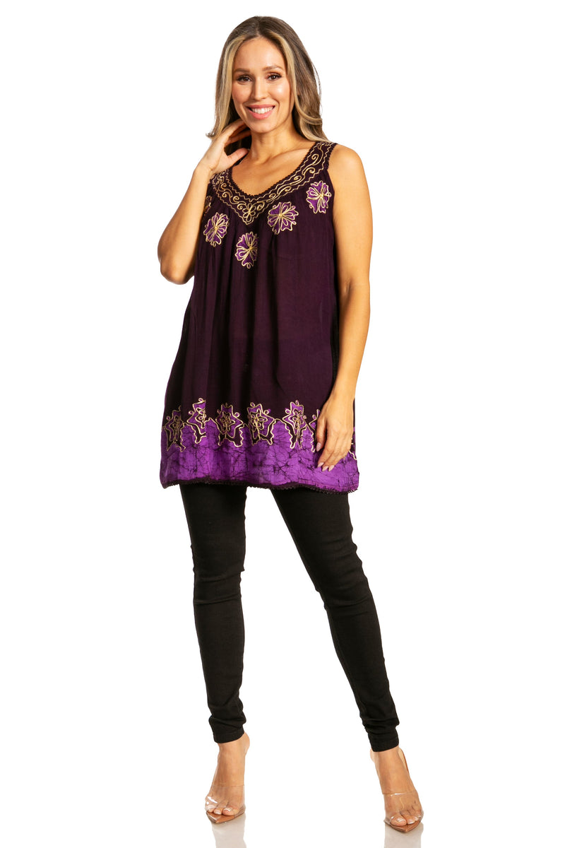 Sakkas Batik Embroidered V-Neck Sleeveless Blouse