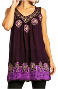 Sakkas Batik Embroidered V-Neck Sleeveless Blouse#color_Eggplant