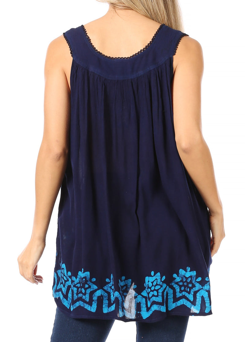 Sakkas Batik Embroidered V-Neck Sleeveless Blouse