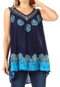 Sakkas Batik Embroidered V-Neck Sleeveless Blouse#color_Navy