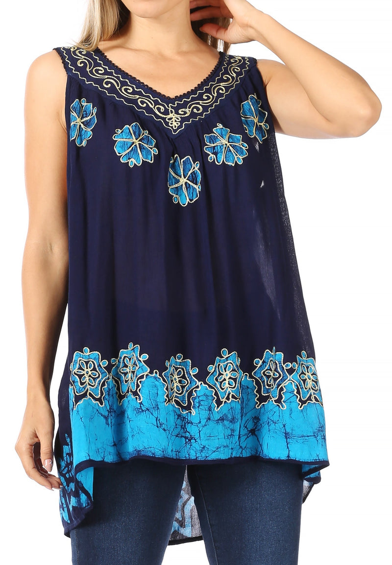 Sakkas Batik Embroidered V-Neck Sleeveless Blouse