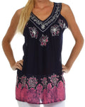 Sakkas Batik Embroidered V-Neck Sleeveless Blouse#color_Navy/Pink