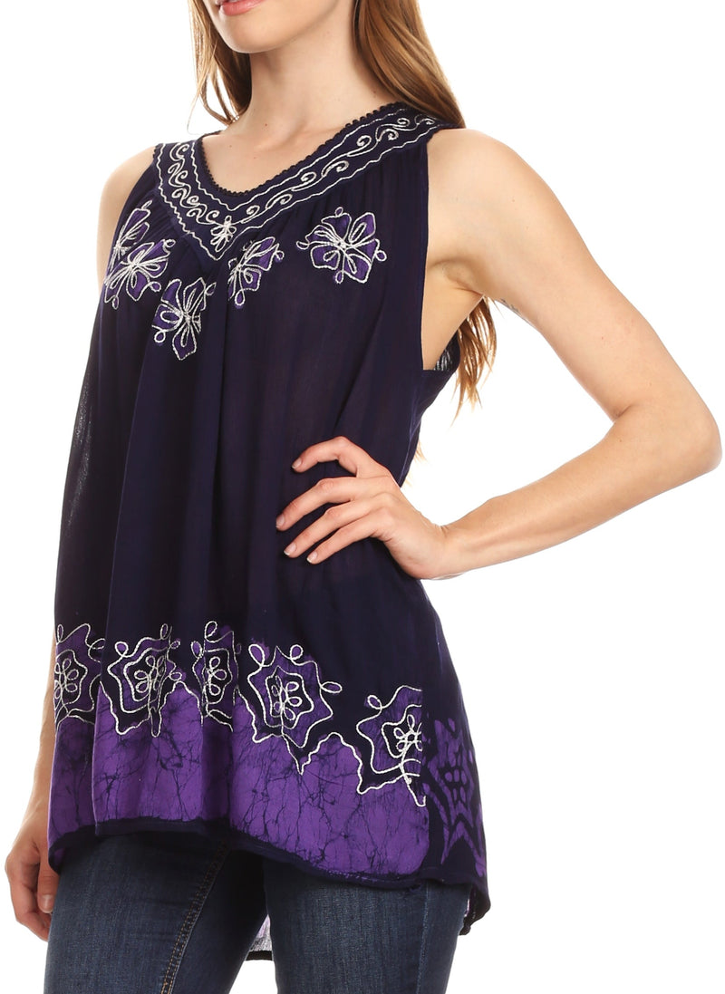 Sakkas Batik Embroidered V-Neck Sleeveless Blouse