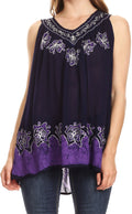 Sakkas Batik Embroidered V-Neck Sleeveless Blouse#color_Navy/Purple