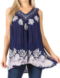 Sakkas Batik Embroidered V-Neck Sleeveless Blouse#color_Navy/White