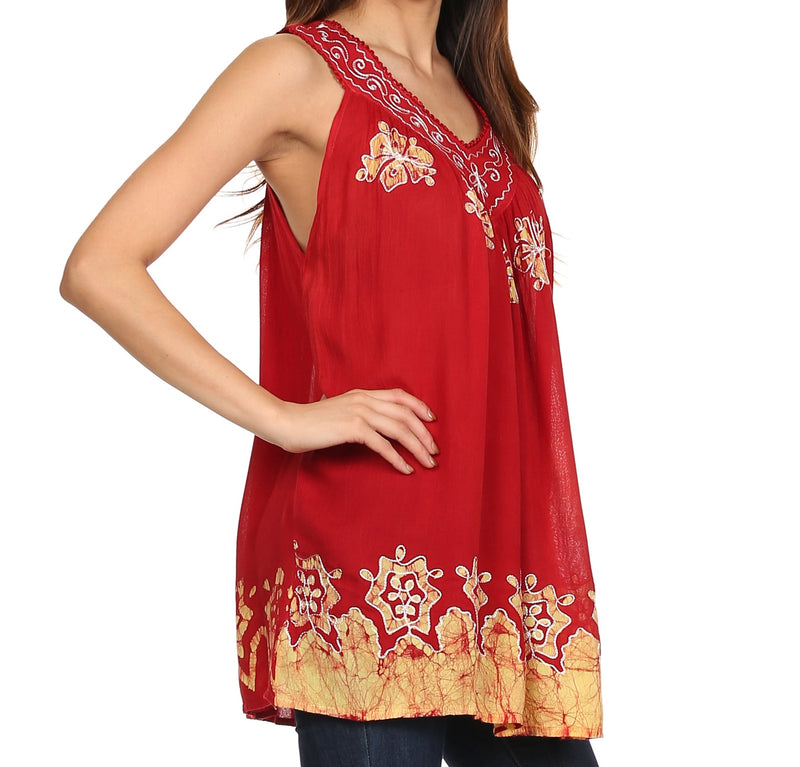 Sakkas Batik Embroidered V-Neck Sleeveless Blouse