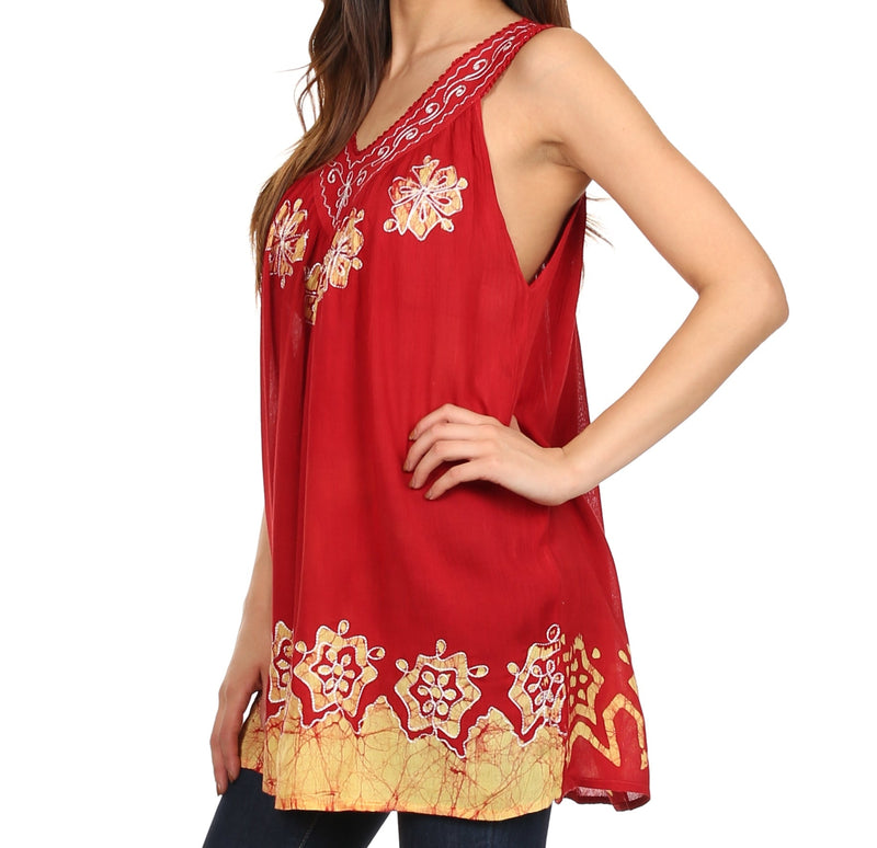 Sakkas Batik Embroidered V-Neck Sleeveless Blouse