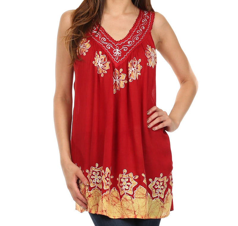 Sakkas Batik Embroidered V-Neck Sleeveless Blouse