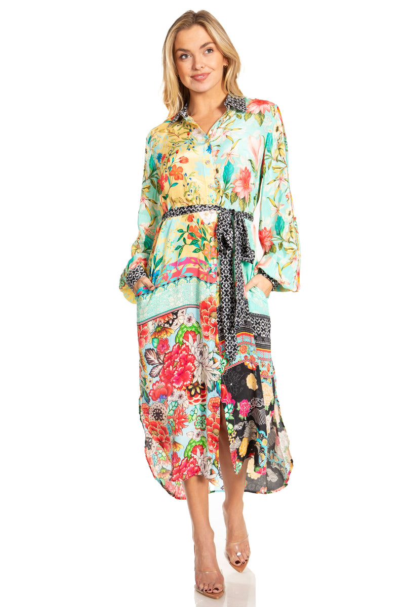 Sakkas Rina Women's Maxi Long Flounce Shirt Dress Floral Print Long Sleeves Button