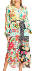 Sakkas Rina Women's Maxi Long Flounce Shirt Dress Floral Print Long Sleeves Button#color_644