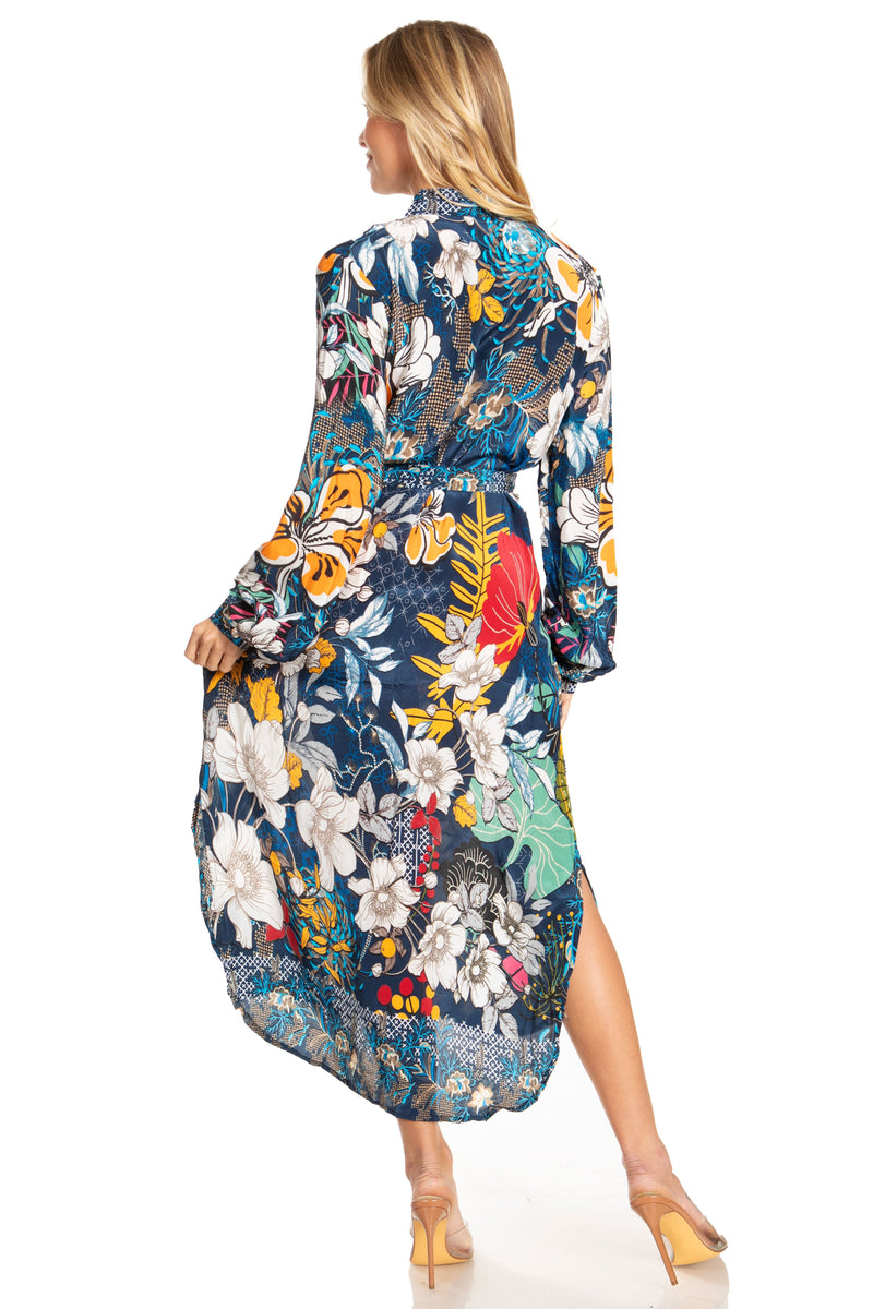 Sakkas Rina Women's Maxi Long Flounce Shirt Dress Floral Print Long Sleeves Button