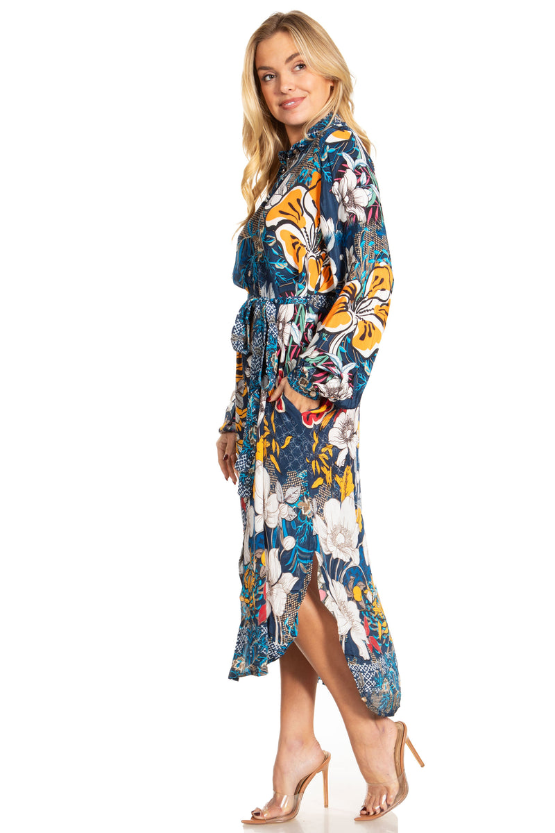 Sakkas Rina Women's Maxi Long Flounce Shirt Dress Floral Print Long Sleeves Button