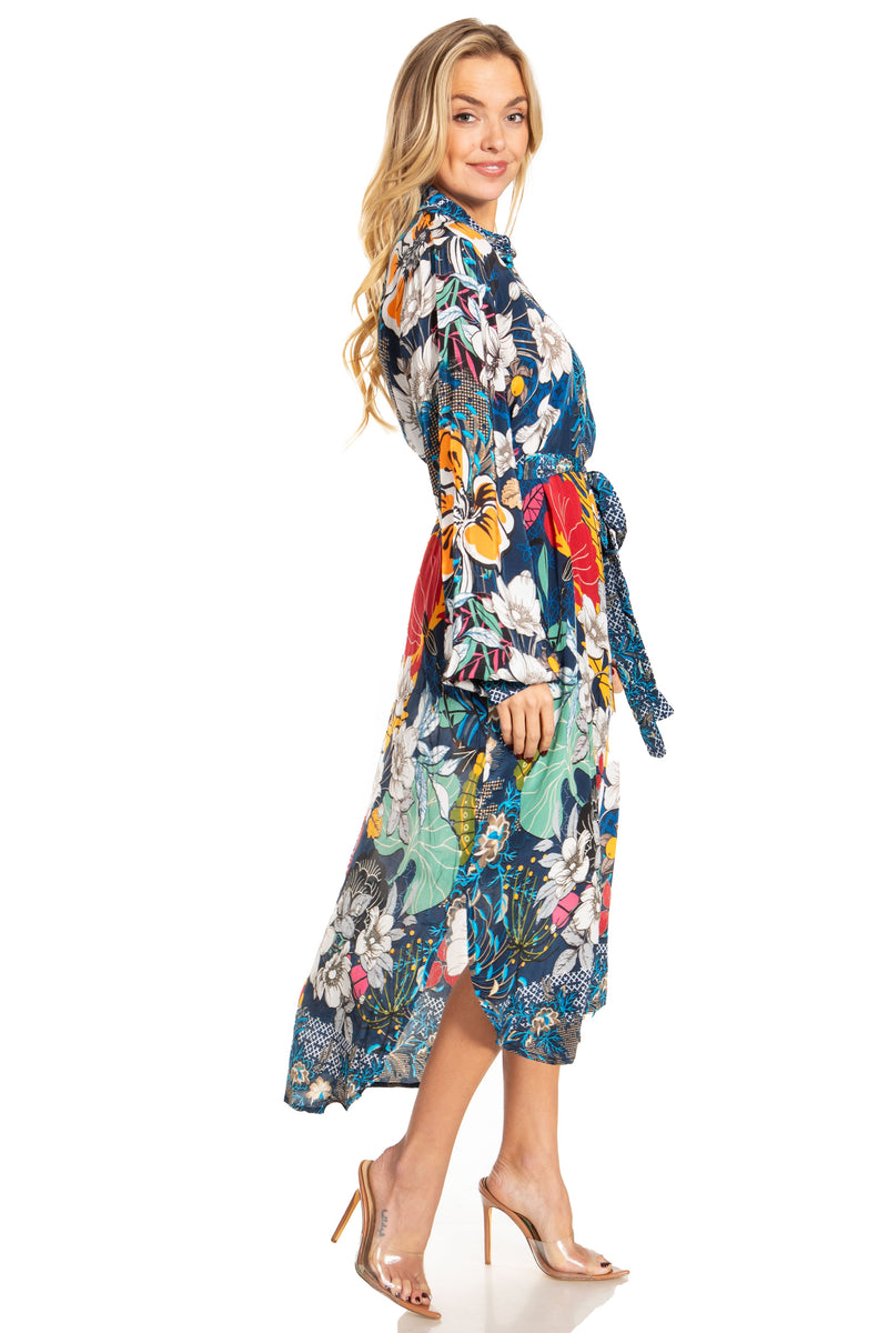 Sakkas Rina Women's Maxi Long Flounce Shirt Dress Floral Print Long Sleeves Button