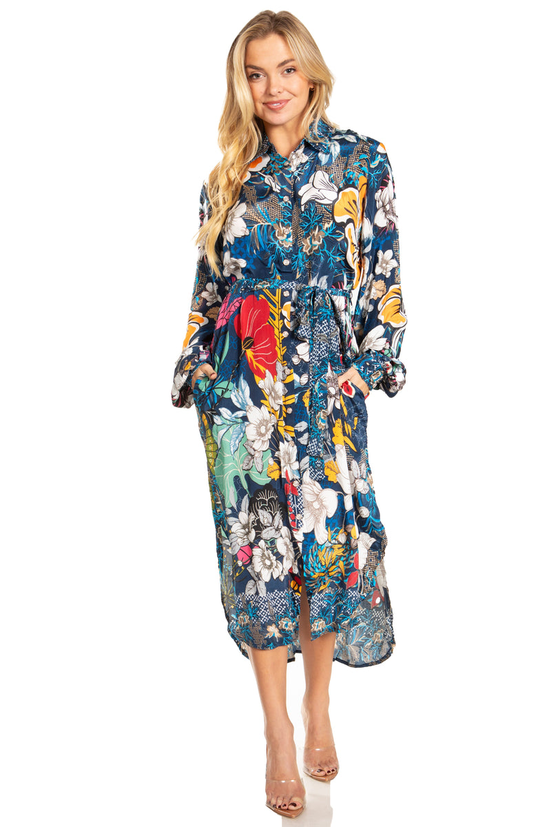 Sakkas Rina Women's Maxi Long Flounce Shirt Dress Floral Print Long Sleeves Button