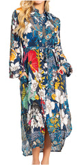 Sakkas Rina Women's Maxi Long Flounce Shirt Dress Floral Print Long Sleeves Button#color_645