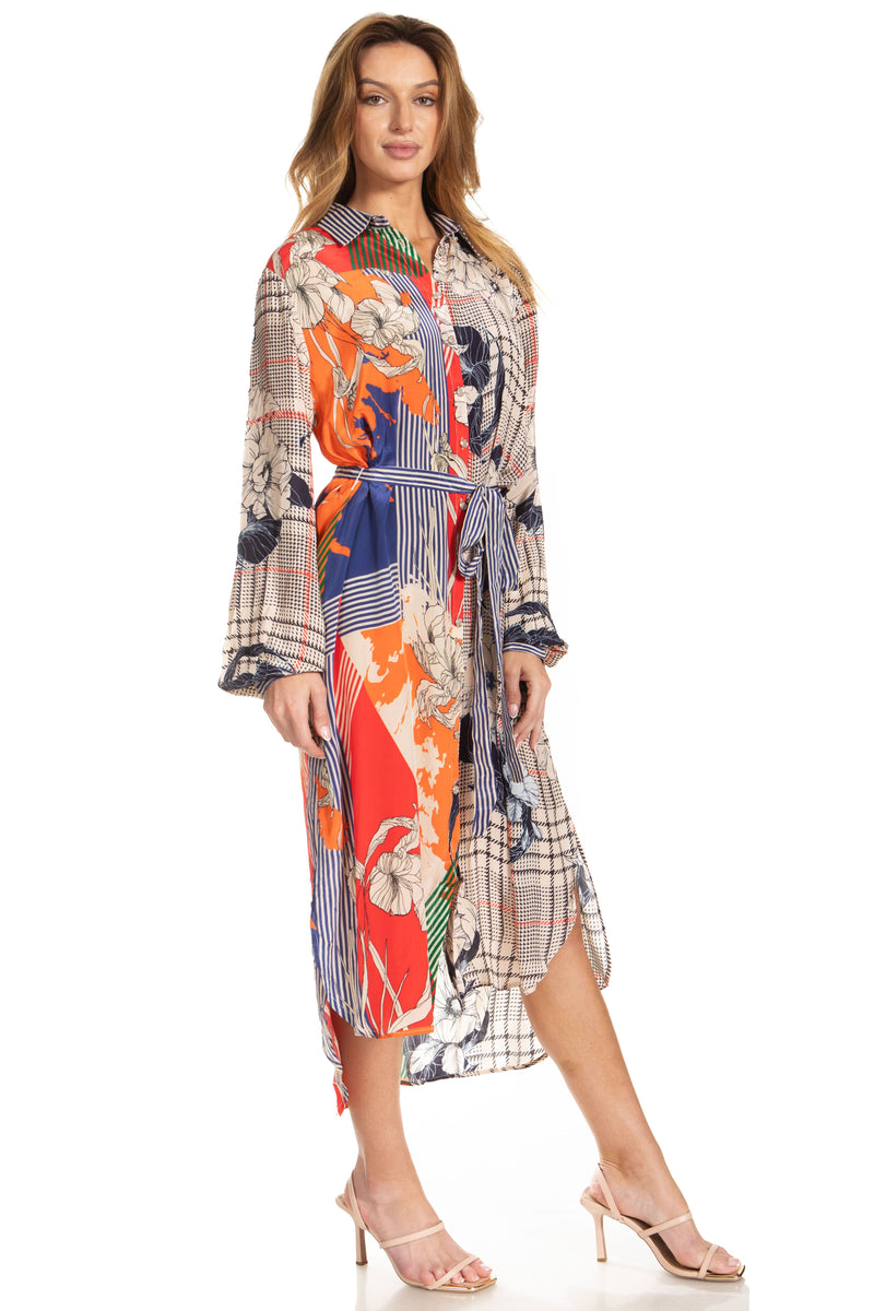 Sakkas Rina Women's Maxi Long Flounce Shirt Dress Floral Print Long Sleeves Button