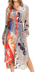 Sakkas Rina Women's Maxi Long Flounce Shirt Dress Floral Print Long Sleeves Button#color_646