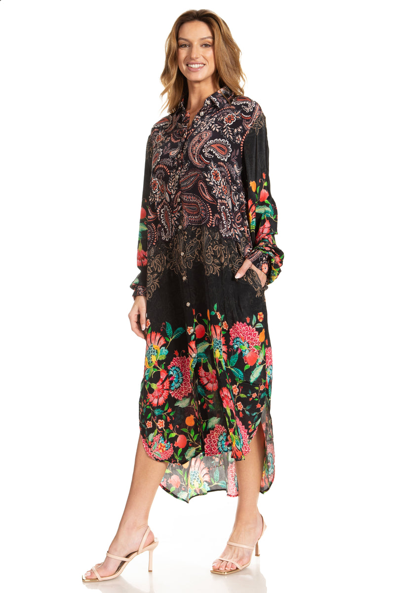 Sakkas Rina Women's Maxi Long Flounce Shirt Dress Floral Print Long Sleeves Button