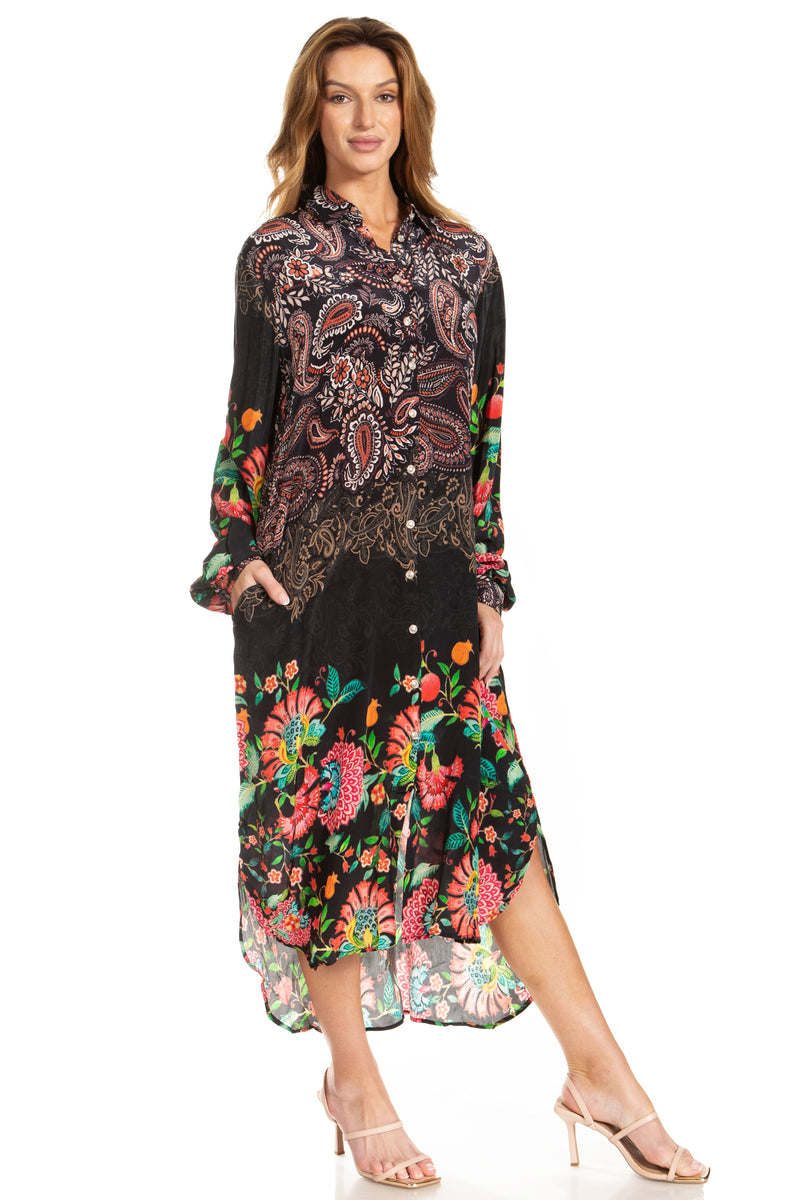 Sakkas Rina Women's Maxi Long Flounce Shirt Dress Floral Print Long Sleeves Button