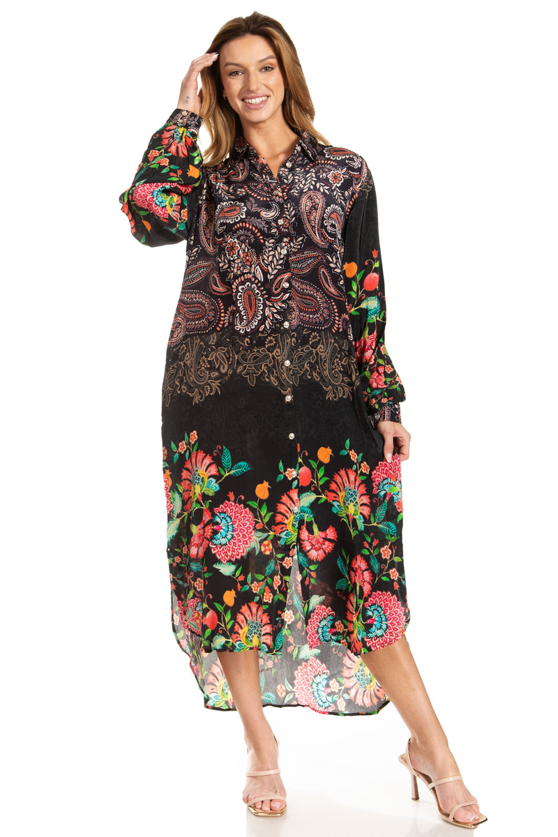 Sakkas Rina Women's Maxi Long Flounce Shirt Dress Floral Print Long Sleeves Button