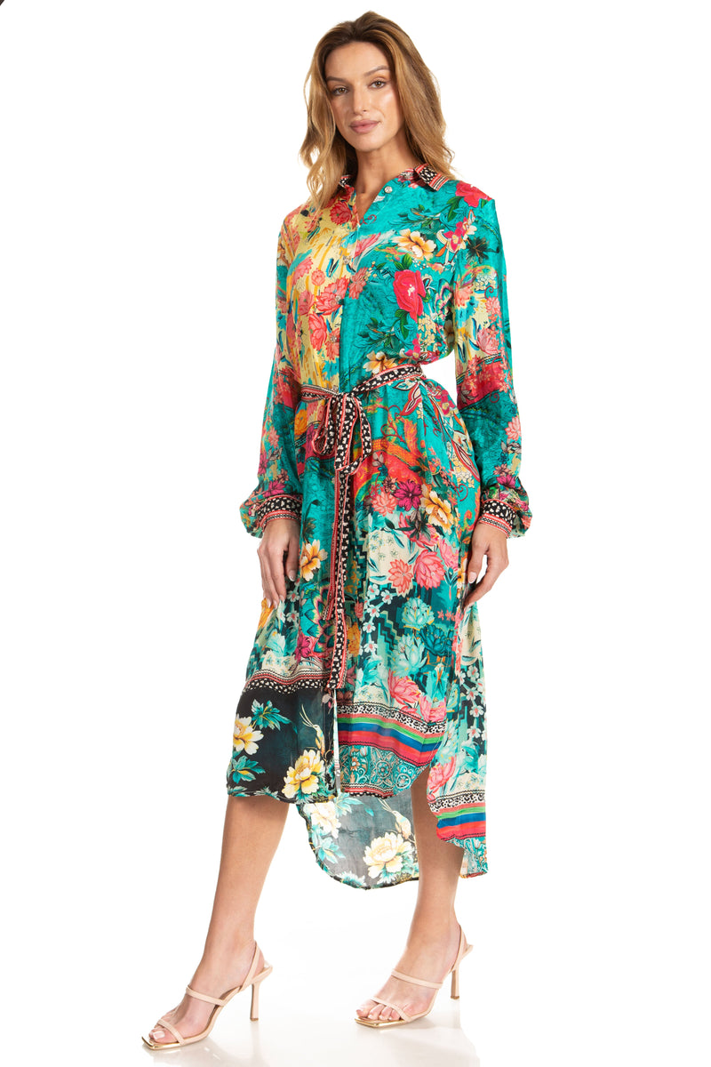 Sakkas Rina Women's Maxi Long Flounce Shirt Dress Floral Print Long Sleeves Button