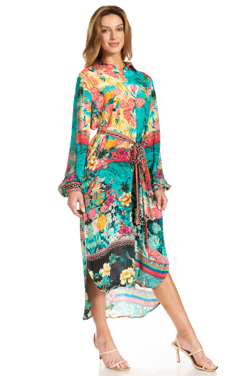 Sakkas Rina Women's Maxi Long Flounce Shirt Dress Floral Print Long Sleeves Button