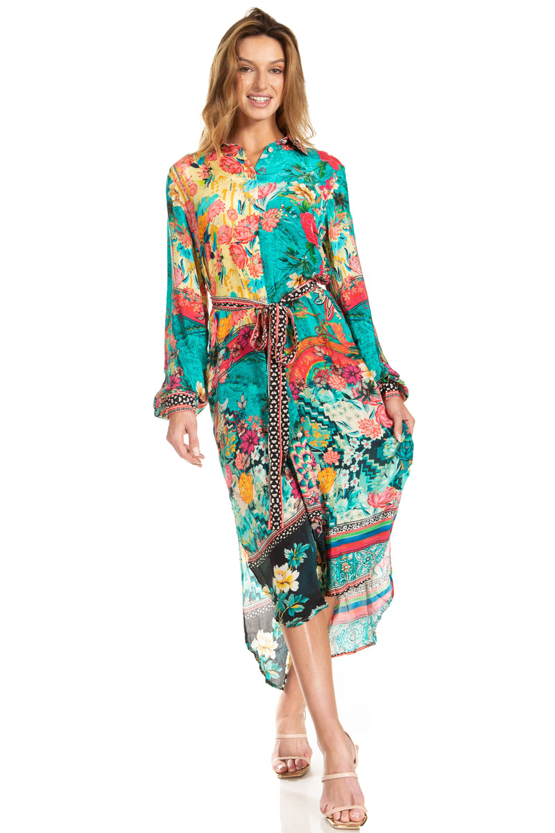 Sakkas Rina Women's Maxi Long Flounce Shirt Dress Floral Print Long Sleeves Button