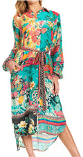 Sakkas Rina Women's Maxi Long Flounce Shirt Dress Floral Print Long Sleeves Button#color_648