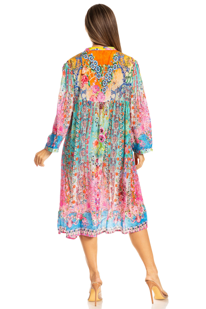 Sakkas Womens 3/4 Puff Sleeves Split Neck Summer Short Flowy Swing Dress/Cover-up