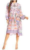 Sakkas Womens 3/4 Puff Sleeves Split Neck Summer Short Flowy Swing Dress/Cover-up#color_D-359-A