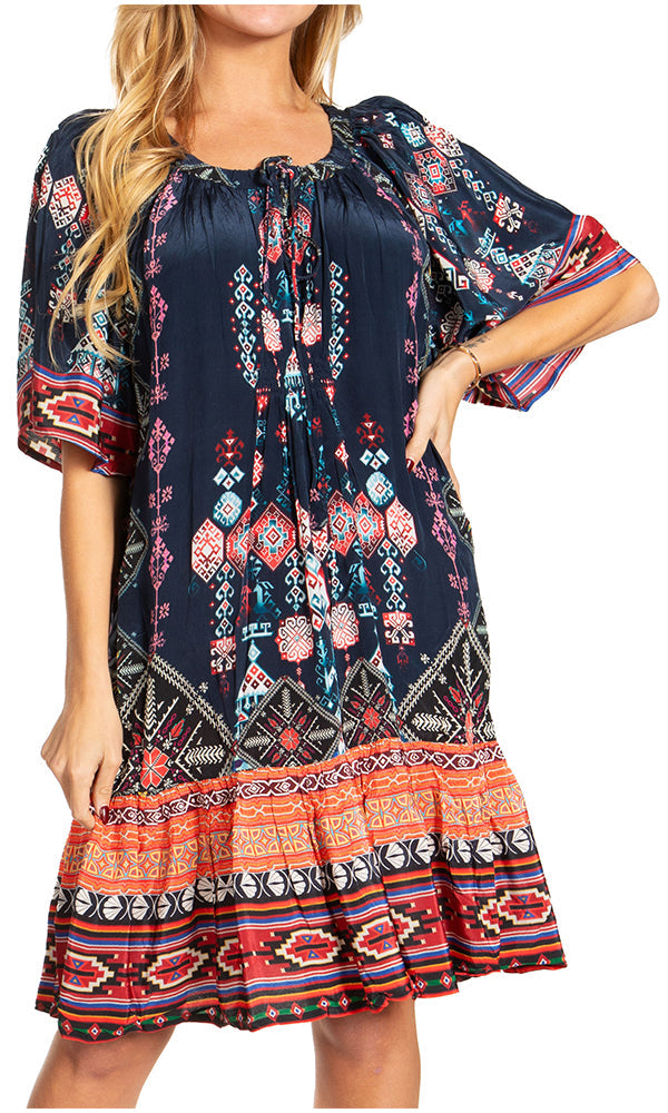 Sakkas Eliza Women's Cocktail Short Sleeve Floral Print Boho Dress Summer Casual