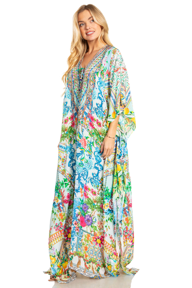 Sakkas Georgettina 2025 Flowy Rhinestone V Neck Long Caftan Dress / Cover Up