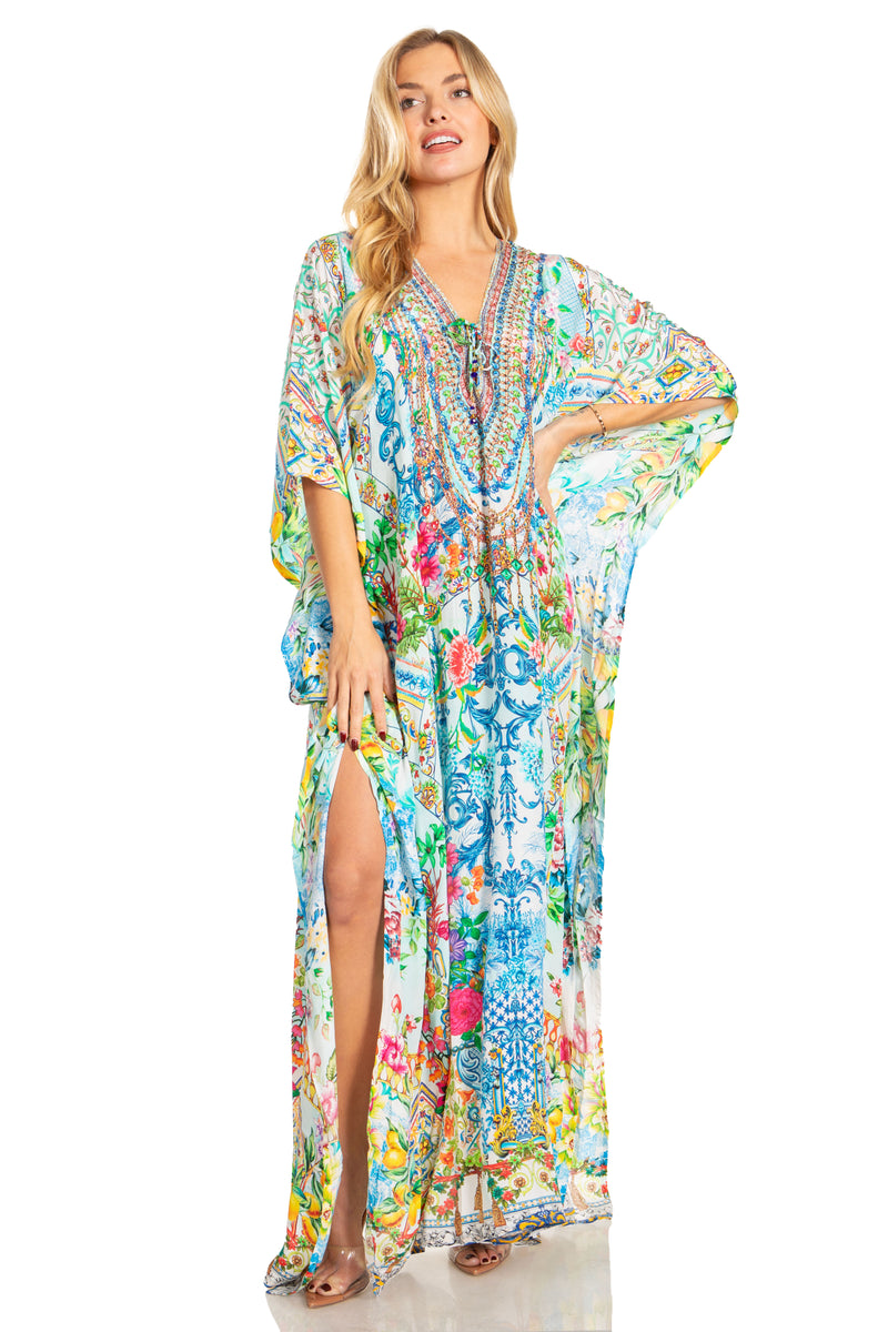 Sakkas Georgettina 2025 Flowy Rhinestone V Neck Long Caftan Dress / Cover Up