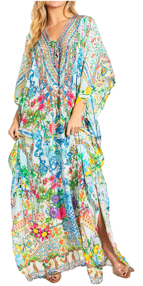 Sakkas Georgettina 2025 Flowy Rhinestone V Neck Long Caftan Dress / Cover Up