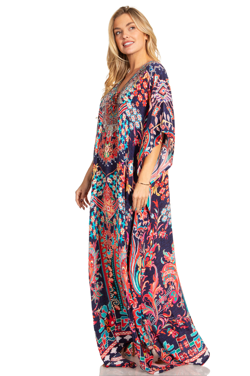 Sakkas Georgettina 2025 Flowy Rhinestone V Neck Long Caftan Dress / Cover Up