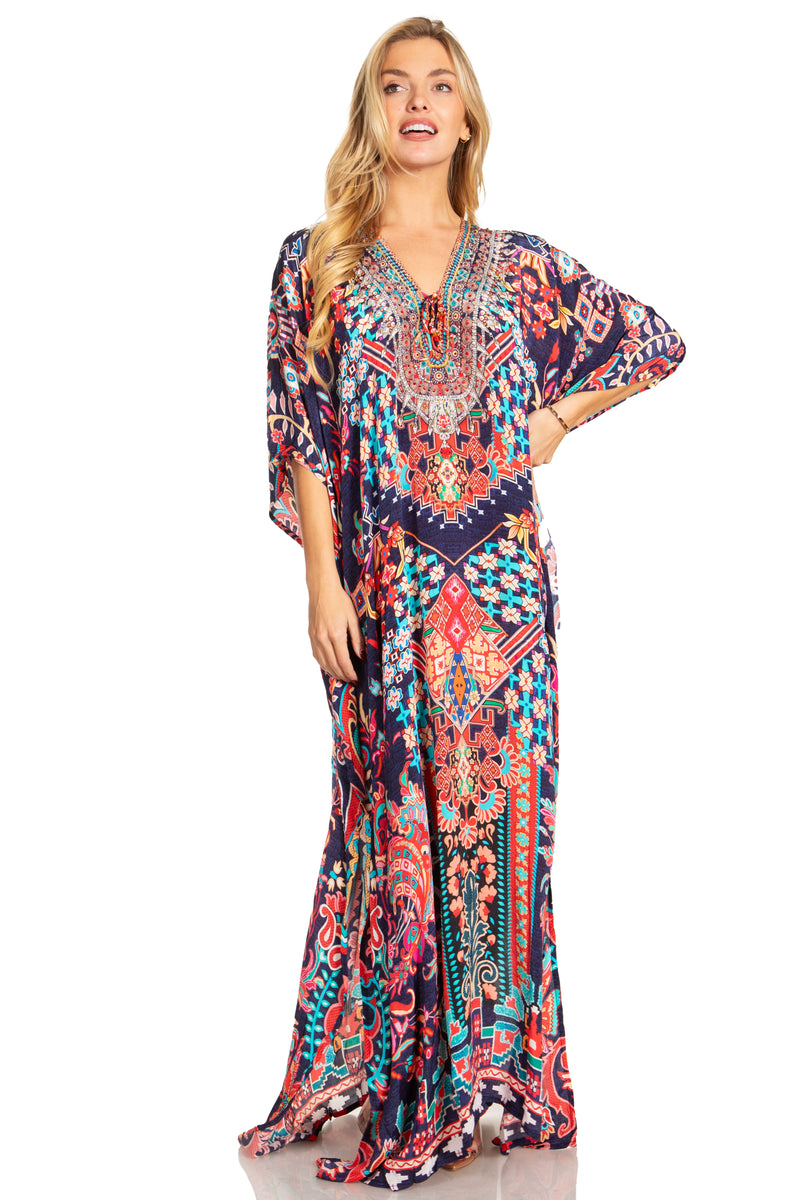 Sakkas Georgettina 2025 Flowy Rhinestone V Neck Long Caftan Dress / Cover Up