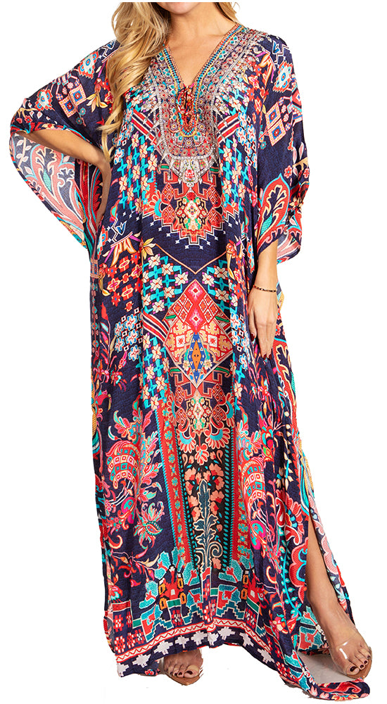 Sakkas Georgettina 2025 Flowy Rhinestone V Neck Long Caftan Dress / Cover Up