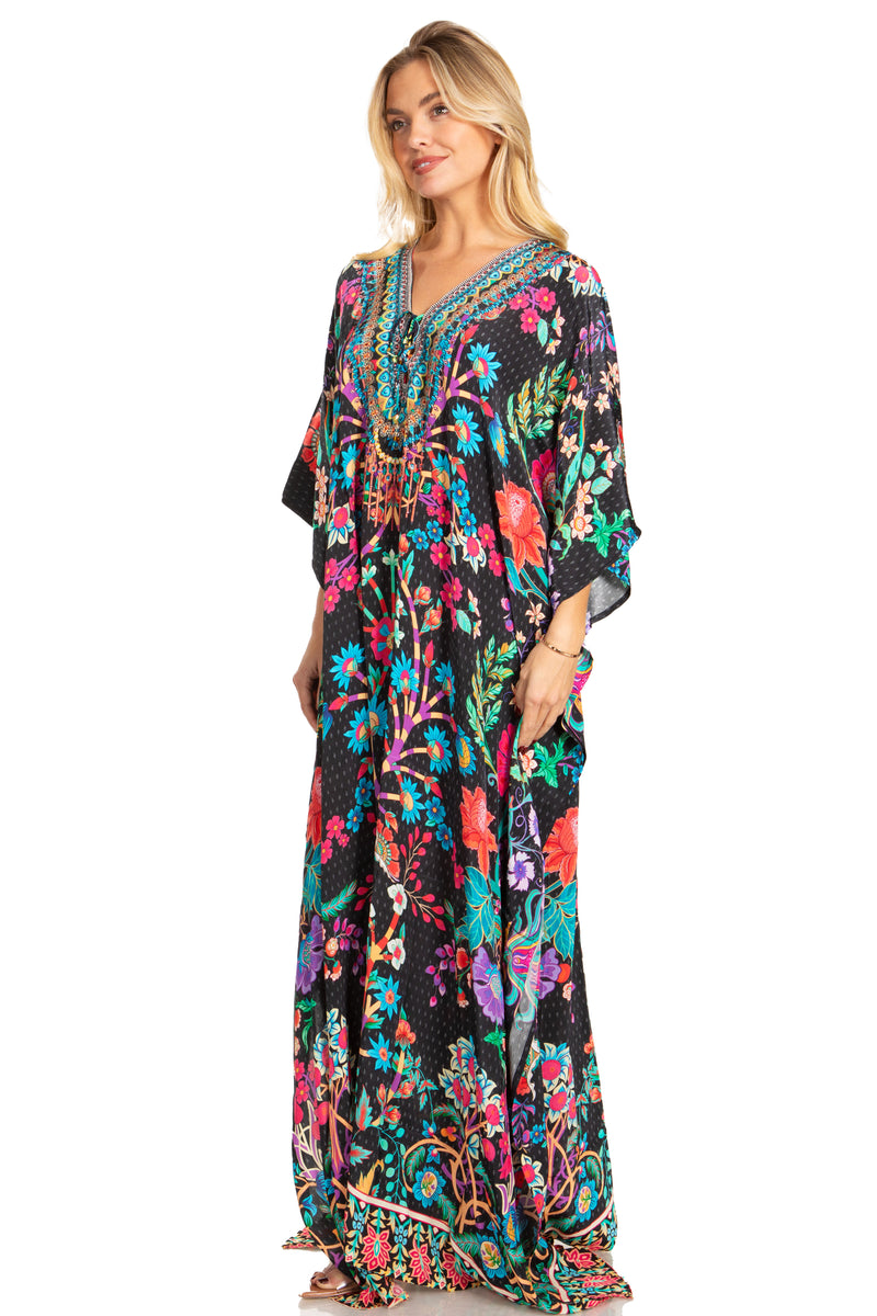 Sakkas Georgettina 2025 Flowy Rhinestone V Neck Long Caftan Dress / Cover Up